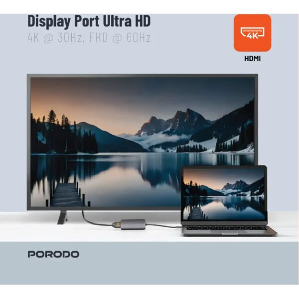 Porodo 4in1 USB-C Hub Type-C PD 100W HDMI USB 3.5mm Aux - Gray - 4k HDMI - 3.5 mm Audio Jack - PD 100W Fast charging - Image 8