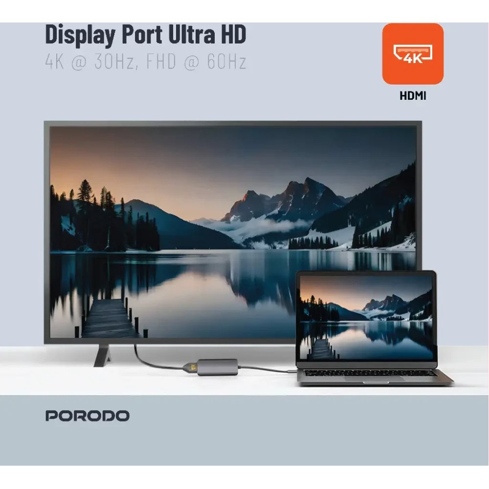 Porodo 4in1 USB-C Hub Type-C PD 100W HDMI USB 3.5mm Aux - Gray - 4k HDMI - 3.5 mm Audio Jack - PD 100W Fast charging - Image 8