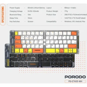 Porodo Crystal Shell Wireless Keyboard / Foldable / 65keys /Windows/iOS/Android/Mac Compatibility / Rechargeable / Lightweight and Compact and Folding Keyboard - Image 6