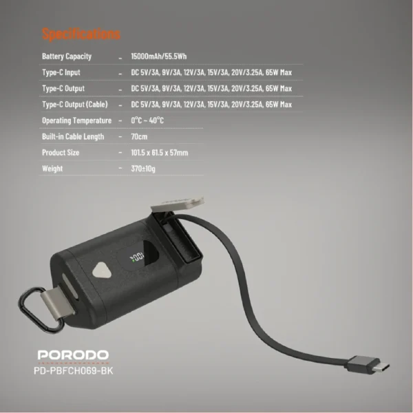Porodo 15000mAh Power Bank PD 65W Fast Charging with a 70cm Retractable Type-C Cable & Built-In Safeguards / Digital Display Fast Charger - Image 7