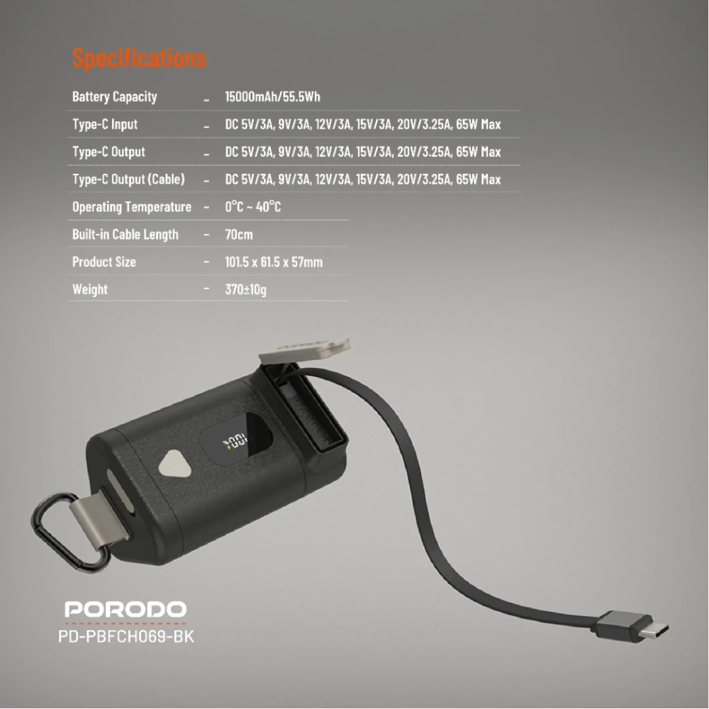 Porodo 15000mAh Power Bank PD 65W Fast Charging with a 70cm Retractable Type-C Cable & Built-In Safeguards / Digital Display Fast Charger - Image 7