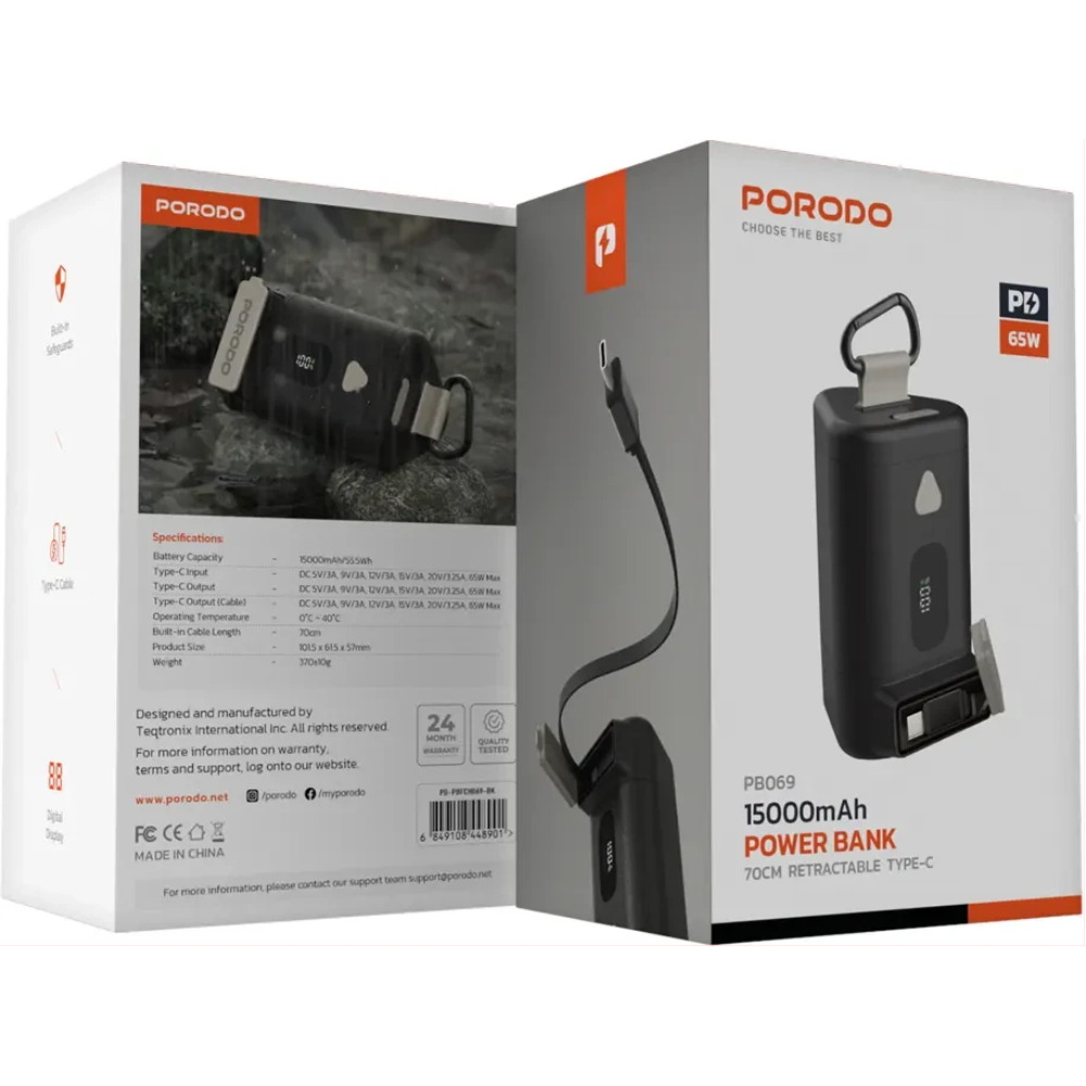 Porodo 15000mAh Power Bank PD 65W Fast Charging with a 70cm Retractable Type-C Cable & Built-In Safeguards / Digital Display Fast Charger - Image 8