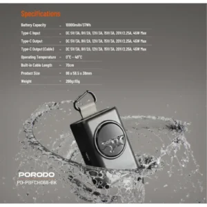 Porodo 10000mAh Power Bank PD 45W Fast Charging 10000 mAh with 70cm Retractable Type-C Cable & Built-In Safeguards / Digital Display Powerbank - Image 6