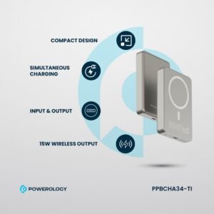 Powerology MagSafe 10000mAh Aluminum Power Bank, Compact Design, Simultaneous Charging, Type C Input, PD 20W, Titanium - Image 8