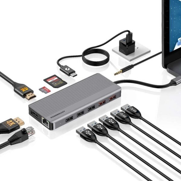 Powerology 12in1 USB-C Hub: HDMI, Type-C PD 100W, Ethernet, VGA, USB, SD/MicroSD, 3.5mm AUX - Image 2