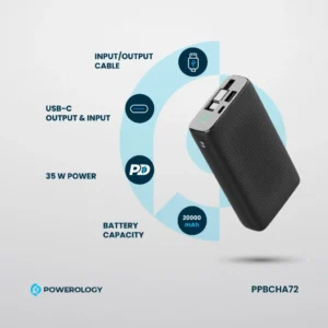 Powerology 20000mAh Retractable Cable Power Bank: Portable Fast Charging in Black - Image 9