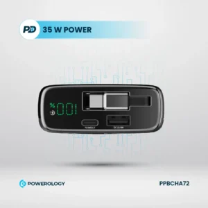 Powerology 20000mAh Retractable Cable Power Bank: Portable Fast Charging in Black - Image 6