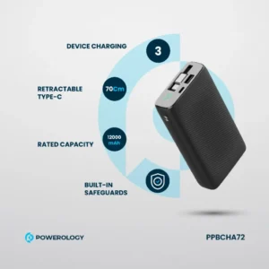 Powerology 20000mAh Retractable Cable Power Bank: Portable Fast Charging in Black - Image 4