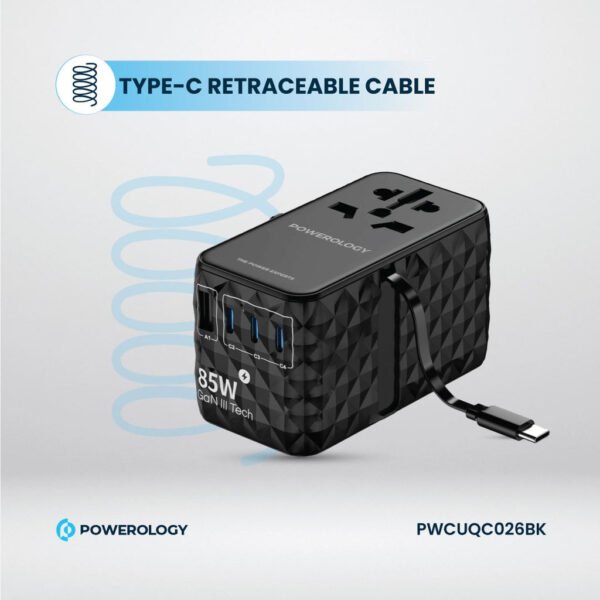Powerology Universal GaN 85W Super Charger: Retractable Type-C Cable Wall Adapter - Image 2