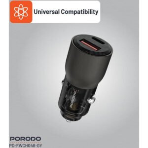 Porodo 95W Car iPhone Charger Transparent, QC 30W, Zinc Alloy + PC, Universal Compatibility, 12-24V Input, 65W Max USB-C Output, 30W Max USB-A Output (Grey, With Lightning Head Cable) - Image 4
