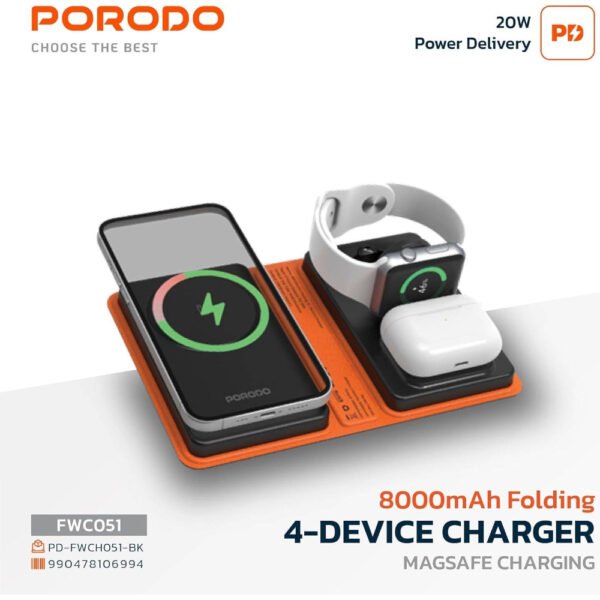 Porodo Folding 4-Device Wireless Charger, 8K mAh Battery Capacity, Wide Compatibility, Fast Charging, Folding Design, PD 20W, Type-C Charging Port, Watch Charger, Earbud Charger, Phone Charger - Black - Image 2