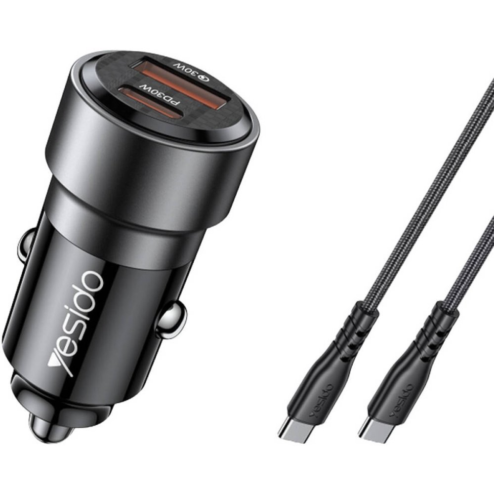Yesido Y54 Super Fast Car Charger QC3.0+PD 60W with Type-C to Lightning Cable – Black