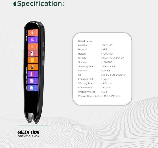 Green Lion Translation Pen 1000mAh Battery, Dictionary & Vocabulary, Macro 2 MP Scanning Head, Touch Screen Interface, Voice Translation, Photo Translation, TF Card Input, Smart Recording - Image 4