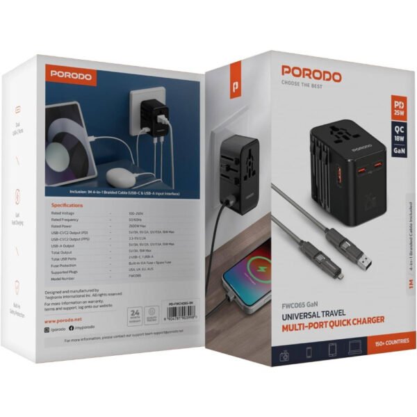 Porodo GaN Universal Travel Quick Charger Adapter, QC 18W, PD 25W, Fast Charging, Built-in Fuse Protection For iPhone 16/15/14/13, S25/S24, Laptop, Include Spare Fuse & 4-in-1 Braided Cable - Image 4