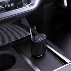 Powerology Dual Ports Car Charger, Type-C, QC USB-A,1M PVC Cable, Retractable Type-C Cord, Patented Design, Built-In Safeguards, Simultaneous Charging, PD 65W Laptop Charger - Black - Image 5