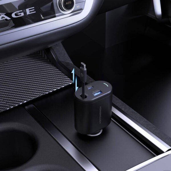 Powerology Dual Ports Car Charger, Type-C, QC USB-A,1M PVC Cable, Retractable Type-C Cord, Patented Design, Built-In Safeguards, Simultaneous Charging, PD 65W Laptop Charger - Black - Image 5