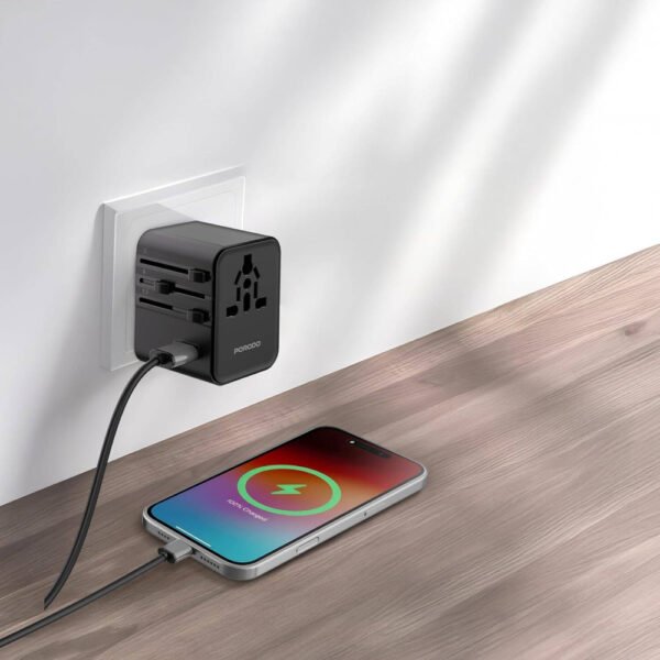 Porodo GaN Universal Travel Quick Charger Adapter, QC 18W, PD 25W, Fast Charging, Built-in Fuse Protection For iPhone 16/15/14/13, S25/S24, Laptop, Include Spare Fuse & 4-in-1 Braided Cable - Image 2