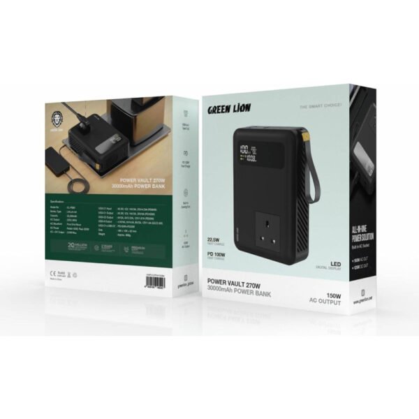 Green Lion Power Vault 270W 30000mAh Power Bank PD100W, AC Output 150W, Super Fast Charge Power Bank, Built-In Cooling Fan, LED Digital Display, Laptop Charger, Outdoor, Camping, Travel - Image 2