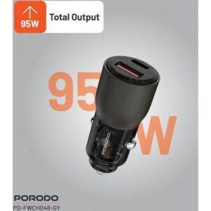 Porodo 95W Car iPhone Charger Transparent, QC 30W, Zinc Alloy + PC, Universal Compatibility, 12-24V Input, 65W Max USB-C Output, 30W Max USB-A Output (Grey, With Lightning Head Cable) - Image 3