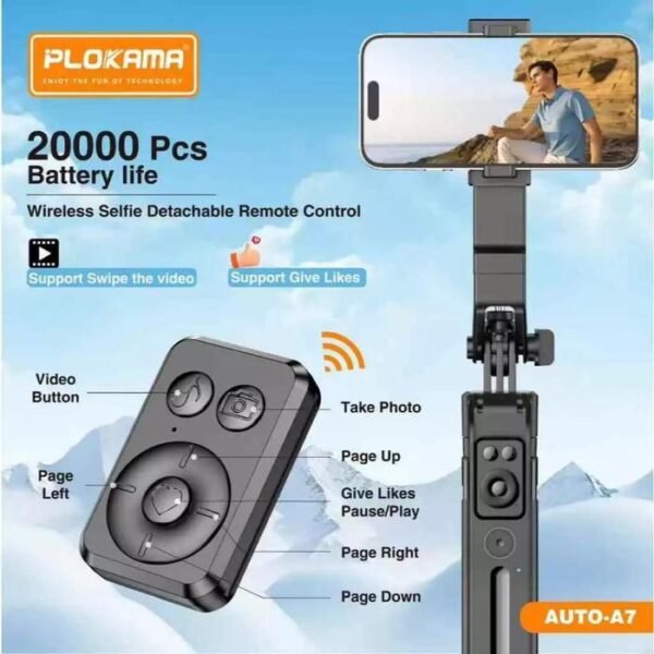 Plokama Auto-A7 AI 360° Rotating Tripod Portable Selfie Stick with Automatic AI Face Tracking - Image 9