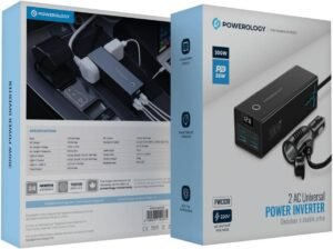 Powerology 300W Car Power Inverter, 36W PD, 2USB-C/ 2USB-A/ 2AC Universal Socket, 53cm Cable Length, Power Info display, Built-in Safeguards, Simultaneous Charging, Laptop Charger - Black - Image 4