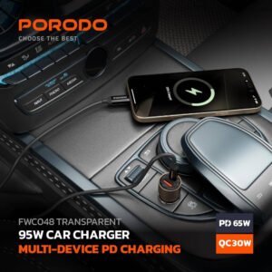 Porodo 95W Car iPhone Charger Transparent, QC 30W, Zinc Alloy + PC, Universal Compatibility, 12-24V Input, 65W Max USB-C Output, 30W Max USB-A Output (Grey, With Lightning Head Cable) - Image 6