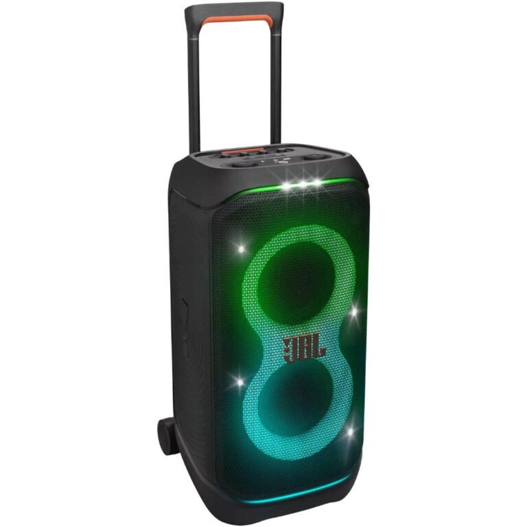 JBL PartyBox Stage 320 Portable Bluetooth Speaker, With Wheels, 5.4 Bluetooth, 240W, Splash Proof, Multi Speaker Connection, Dual Mic & Guitar Inputs, 18 Hours Max Playing Time, Black