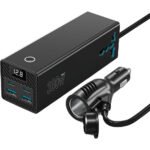 Powerology 300W Car Power Inverter, 36W PD, 2USB-C/ 2USB-A/ 2AC Universal Socket, 53cm Cable Length, Power Info display, Built-in Safeguards, Simultaneous Charging, Laptop Charger - Black