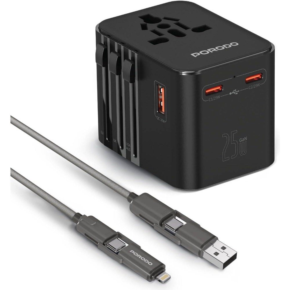 Porodo GaN Universal Travel Quick Charger Adapter, QC 18W, PD 25W, Fast Charging, Built-in Fuse Protection For iPhone 16/15/14/13, S25/S24, Laptop, Include Spare Fuse & 4-in-1 Braided Cable