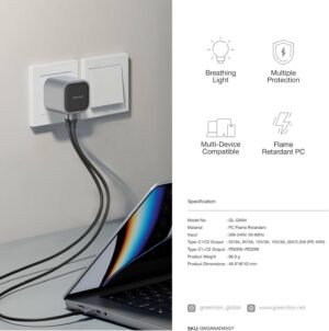 Green Lion GaN Adapter 45W 2 USB-C Ports PD 3.0, Multi-Device Compatible, Multiple Protection, Flame Retardant PC, Breathing Light, PD25W + PD20W Type-C1+C2 Output - Image 4