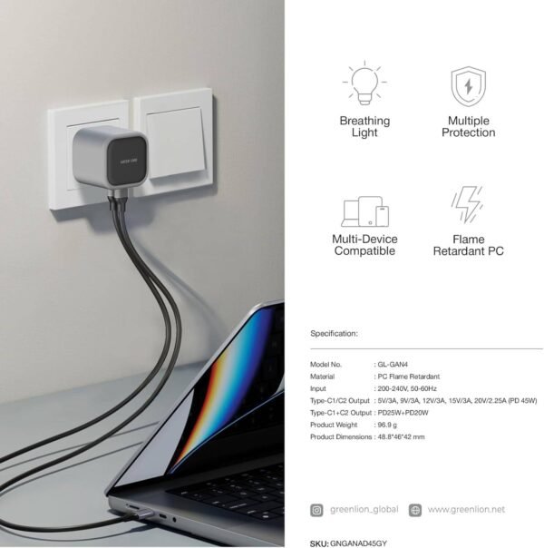 Green Lion GaN Adapter 45W 2 USB-C Ports PD 3.0, Multi-Device Compatible, Multiple Protection, Flame Retardant PC, Breathing Light, PD25W + PD20W Type-C1+C2 Output - Image 4