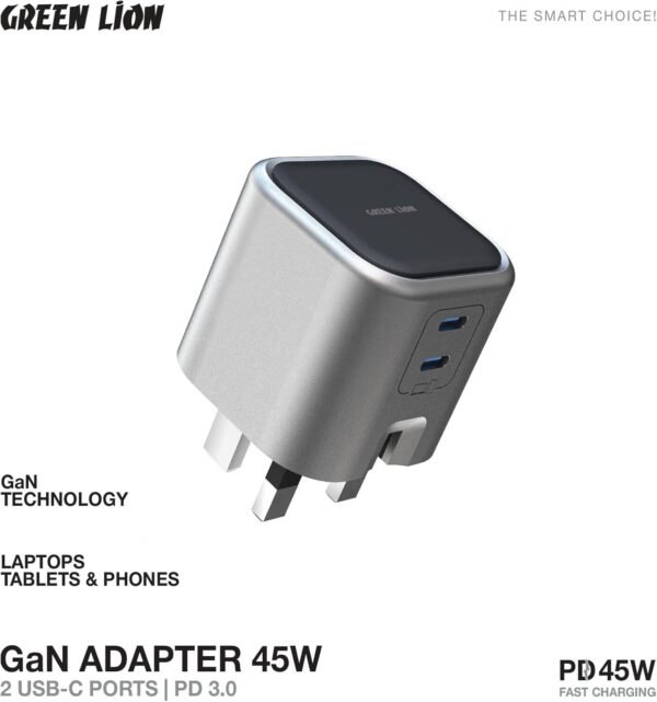 Green Lion GaN Adapter 45W 2 USB-C Ports PD 3.0, Multi-Device Compatible, Multiple Protection, Flame Retardant PC, Breathing Light, PD25W + PD20W Type-C1+C2 Output - Image 5