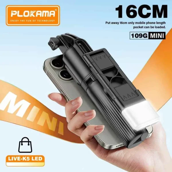 Plokama Live K5 Selfie Stick Tripod + Built-in LED Light & Bluetooth Remote – Foldable 3-in-1 Vlogging Stick - Image 10