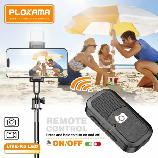Plokama Live K5 Selfie Stick Tripod + Built-in LED Light & Bluetooth Remote – Foldable 3-in-1 Vlogging Stick - Image 7