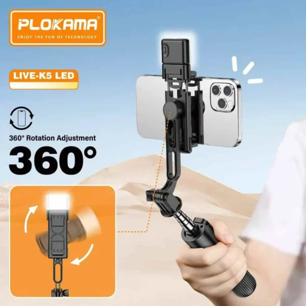 Plokama Live K5 Selfie Stick Tripod + Built-in LED Light & Bluetooth Remote – Foldable 3-in-1 Vlogging Stick - Image 6