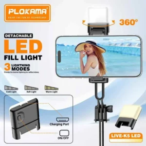 Plokama Live K5 Selfie Stick Tripod + Built-in LED Light & Bluetooth Remote – Foldable 3-in-1 Vlogging Stick - Image 3