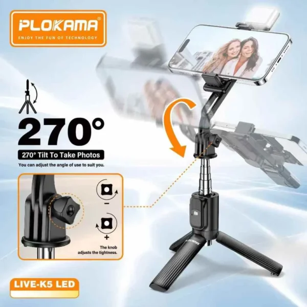 Plokama Live K5 Selfie Stick Tripod + Built-in LED Light & Bluetooth Remote – Foldable 3-in-1 Vlogging Stick - Image 9