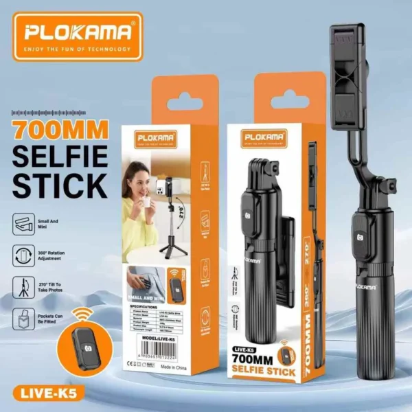 Plokama Live K5 Selfie Stick Tripod + Built-in LED Light & Bluetooth Remote – Foldable 3-in-1 Vlogging Stick - Image 2