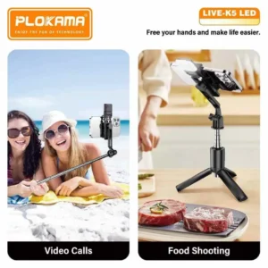 Plokama Live K5 Selfie Stick Tripod + Built-in LED Light & Bluetooth Remote – Foldable 3-in-1 Vlogging Stick - Image 8