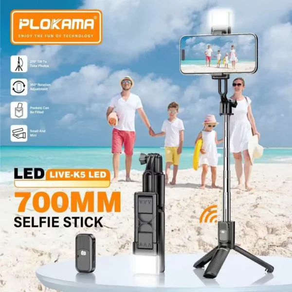 Plokama Live K5 Selfie Stick Tripod + Built-in LED Light & Bluetooth Remote – Foldable 3-in-1 Vlogging Stick - Image 11
