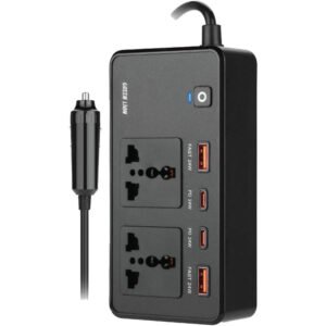 Green Lion GC-200 Car Inverter, 2Universal Sockets, 2USB-A Ports, 2USB-C Ports, QC 3.0 Charging, 200W Power, PD 24W Charging, Durable Flame Retardant Material, Small & Fit - Black