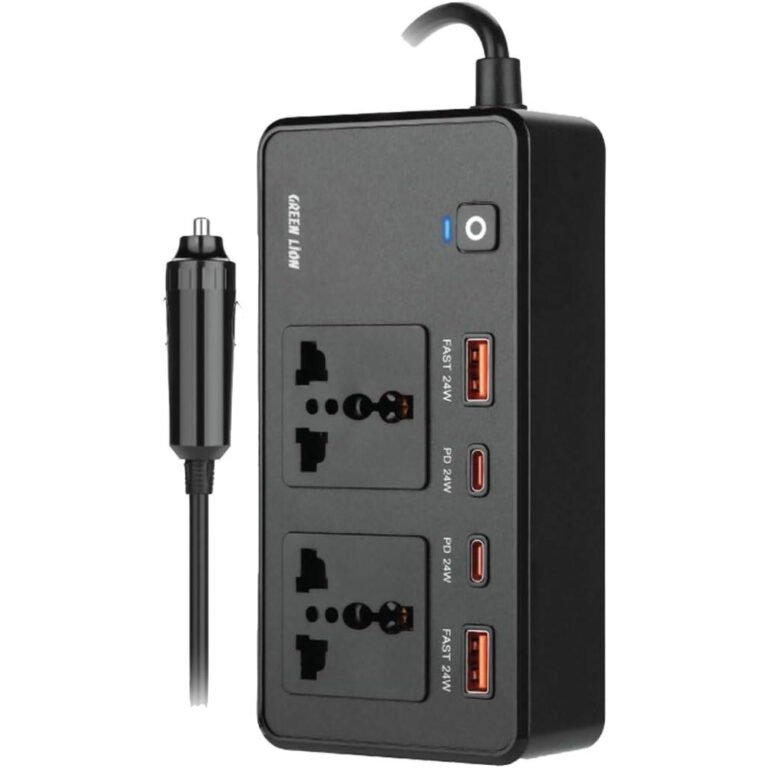 Green Lion GC-200 Car Inverter, 2Universal Sockets, 2USB-A Ports, 2USB-C Ports, QC 3.0 Charging, 200W Power, PD 24W Charging, Durable Flame Retardant Material, Small & Fit - Black