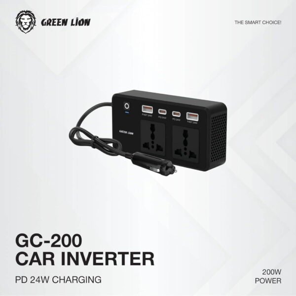 Green Lion GC-200 Car Inverter, 2Universal Sockets, 2USB-A Ports, 2USB-C Ports, QC 3.0 Charging, 200W Power, PD 24W Charging, Durable Flame Retardant Material, Small & Fit - Black - Image 5