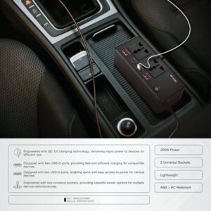 Green Lion GC-200 Car Inverter, 2Universal Sockets, 2USB-A Ports, 2USB-C Ports, QC 3.0 Charging, 200W Power, PD 24W Charging, Durable Flame Retardant Material, Small & Fit - Black - Image 4