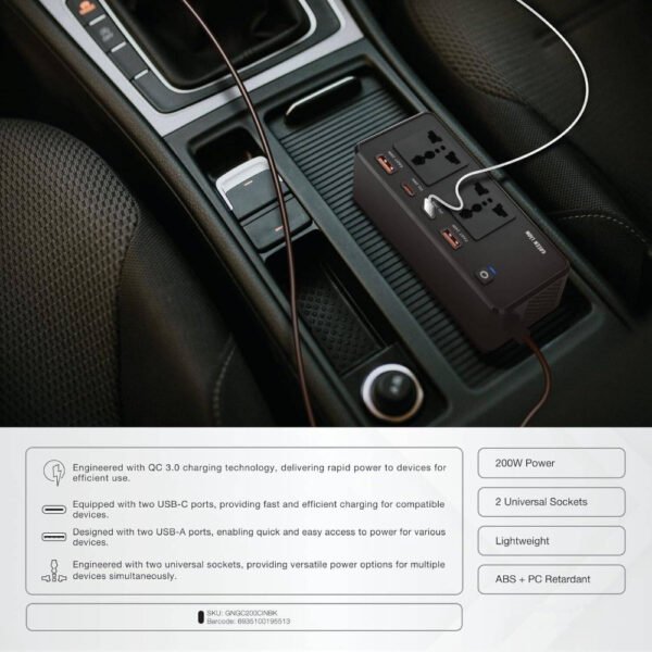 Green Lion GC-200 Car Inverter, 2Universal Sockets, 2USB-A Ports, 2USB-C Ports, QC 3.0 Charging, 200W Power, PD 24W Charging, Durable Flame Retardant Material, Small & Fit - Black - Image 4