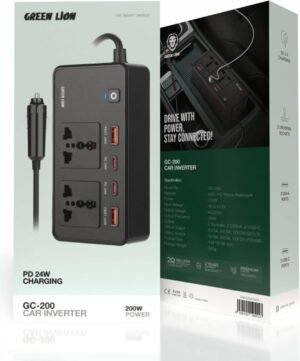 Green Lion GC-200 Car Inverter, 2Universal Sockets, 2USB-A Ports, 2USB-C Ports, QC 3.0 Charging, 200W Power, PD 24W Charging, Durable Flame Retardant Material, Small & Fit - Black - Image 2