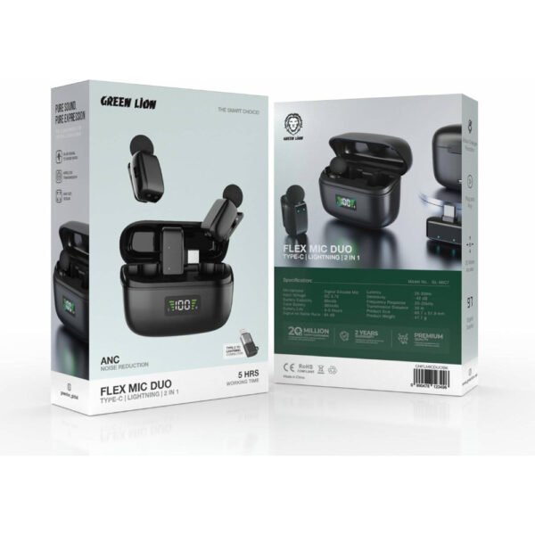 Green Lion Flex Mic Duo Type C 2 in 1, Lightning Head Connector Included, 300mAh Case & 60mAh Mic Battery Capacity, Digital Display, Voice Changer Function, Plug and Play - Black - Image 2