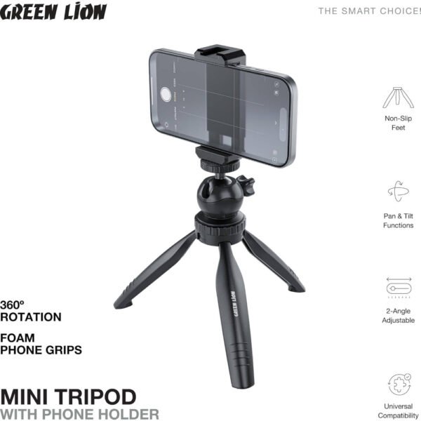 Green Lion Mini 360 Tripod with Phone Holder, 55-85 mm Phone Holder Size, 2.5kg load Capacity, Universal Compatibility, Pan & Tilt Function, 2-Angle Adjustable, Foam Phone Grips, 90 Tilt Ball Head - Image 4