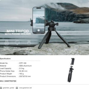 Green Lion Mini 360 Tripod with Phone Holder, 55-85 mm Phone Holder Size, 2.5kg load Capacity, Universal Compatibility, Pan & Tilt Function, 2-Angle Adjustable, Foam Phone Grips, 90 Tilt Ball Head - Image 3