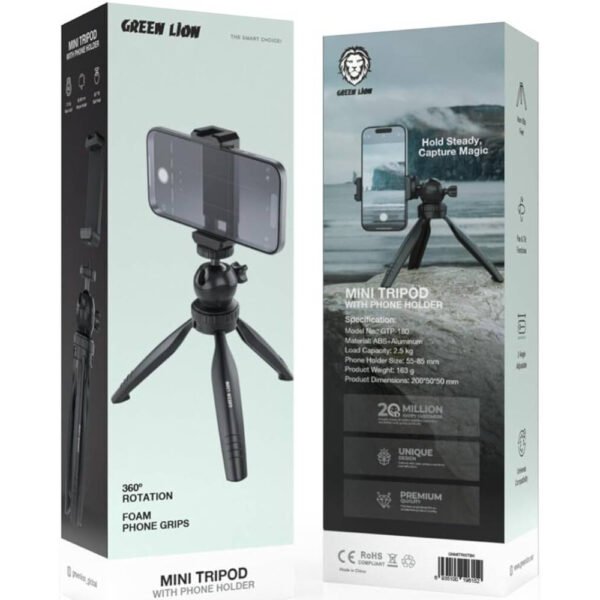 Green Lion Mini 360 Tripod with Phone Holder, 55-85 mm Phone Holder Size, 2.5kg load Capacity, Universal Compatibility, Pan & Tilt Function, 2-Angle Adjustable, Foam Phone Grips, 90 Tilt Ball Head - Image 2